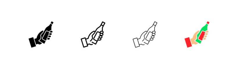 Bottle of wine in the hand set icon. Clock, temperature, glass, time, Bottle, conditions, hand, taste, aging. Restaurant concept. Vector four icon in different style on white background