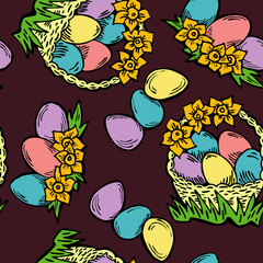 Easter seamless pattern with flowers, eggs, basket, spring decorative elements. Hand drawn illustration for textile print, fabric design, party decoration, scrapbooking, wallpaper and wrapping.