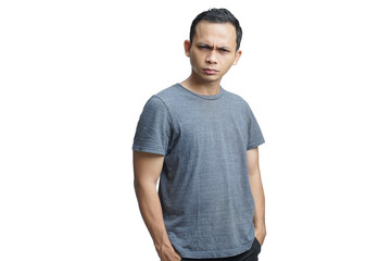 angry looking Attractive Asian young man on isolated background