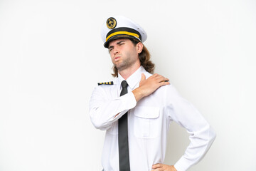 handsome Airplane pilot isolated on white background suffering from pain in shoulder for having made an effort