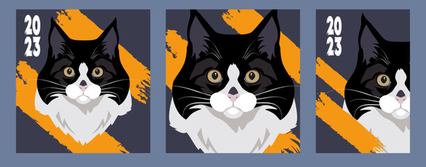 Vector graphics. Blue-orange. The image of the cat in different versions. The year of the cat. New Year. A holiday for the family.