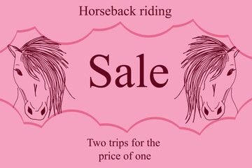 Herd of horses. A large banner with an image of a horse in pink with copy space and viva magenta clouds. Horseback riding. Advertising banner with inscription and horse outline.