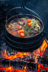 Delicious and hot hunter's stew with herbs and vegetables.