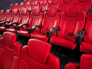Cinema and entertainment, empty red movie theatre seats for tv show streaming service and film...