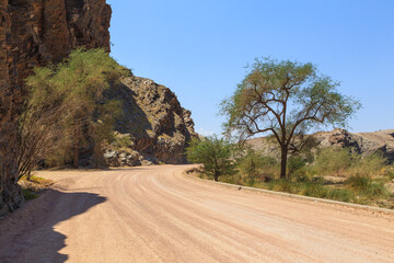 Namibian landscape along the gravel road. Gaub Pass, Namibia.