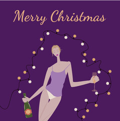  Merry CHRISTMAS Celebration with woman in purple color with champagne and lights
