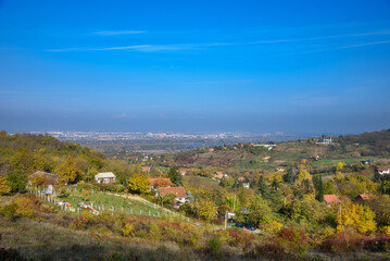 Novi Sad, Serbia - November 11, 2022: View of Novi Sad from the mountain Fruska Gora. Panorama of Novi Sad