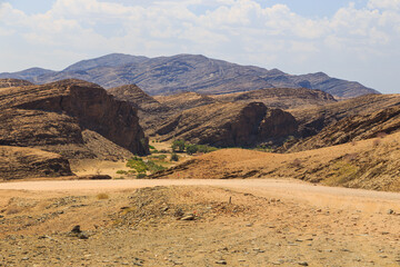 Namibian landscape along the gravel road. Namib-Naukluft National Park, Namibia.