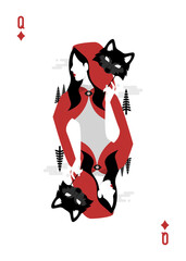 Queen of diamond playing card, red riding holding wolf mask.