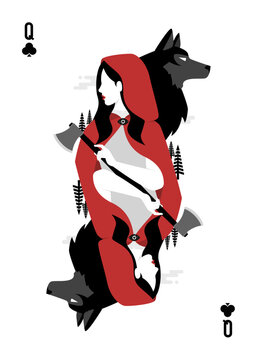 Queen of clubs playing card, red riding hood holding an axe with black wolf behind.