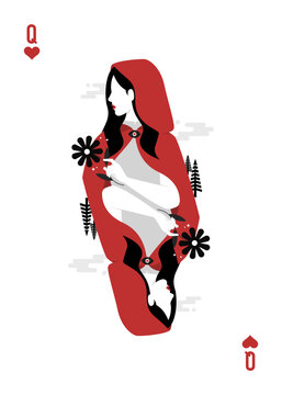 Queen of hearts playing card, red riding holding a flower.