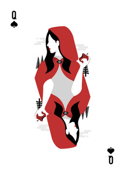 Queen of spades playing card, red riding holding wolf mask.