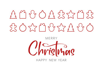 Card with lettering and Christmas decorations. Merry Christmas and Happy New Year. Vector illustration