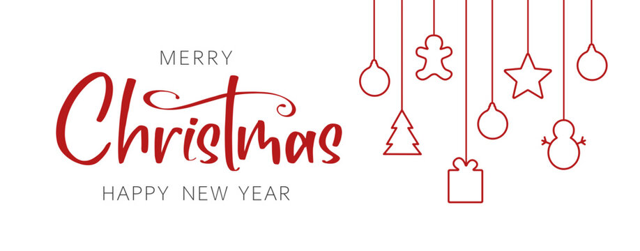 Banner with lettering and Christmas decorations. Merry Christmas and Happy New Year. Vector illustration