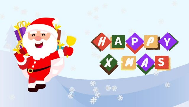 Merry Christmas greeting card animation, Merry Christmas animated background. Casually klaus distributes Christmas gifts with Happy Xmas greetings.