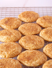 Homemade snickerdoodle cookies on a cooling rack with selective focus