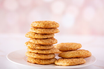 Fototapeta na wymiar Stack of homemade snickerdoodle cookies on a white plate on a pink bokeh effect background with copy space