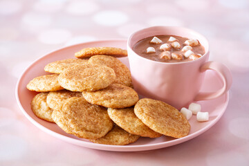 Homemade snickerdoodle cookies and hot chocolate with marshmallows in a pink plate and cup; copy space