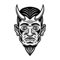Devil or lucifer head with horns vector monochrome illustration in vintage style isolated on white background
