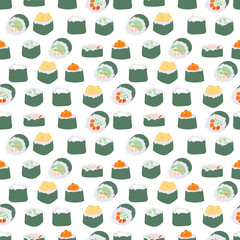 Sushi rolls pattern seamless. Traditional Japanese food background. Vector texture