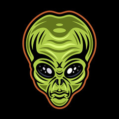 Alien head or humanoid face colorful vector character illustration in cartoon style isolated on dark background