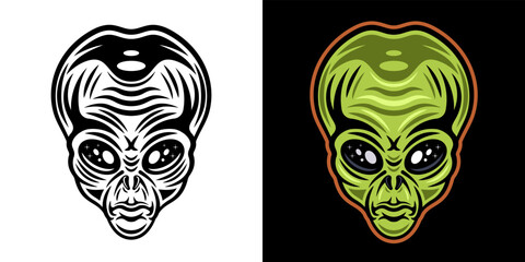 Alien head or humanoid face vector character illustration in two styles black on white and colorful on dark background