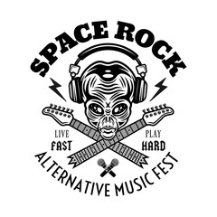 Rock music festival vector emblem, label, badge or logo with alien head in headphones and two crossed broken guitar necks. Monochrome illustration in vintage style isolated on white background