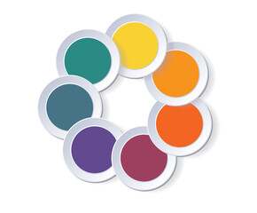 Colorful cyclic infographics from circles,  template with shadow for 7 positions