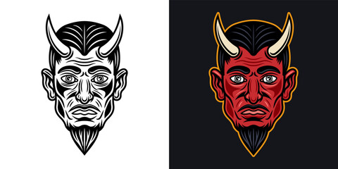 Devil or lucifer head with horns in two styles black on white and colorful on dark background vector illustration