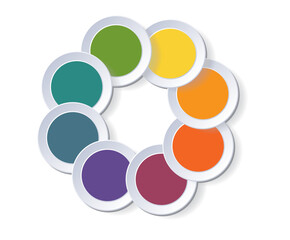 Colorful cyclic infographics from circles,  template with shadow for 8 positions
