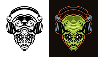 Alien head in headphones set of vector illustration in two styles black on white and colorful on dark background