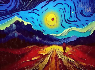Fototapeta na wymiar Full moon and mountains landscape, digital painted art with textured acrylic and oil palette knife strokes imitation. Trendy print for decoration. Abstract style landscape background