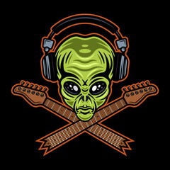 Alien green head in headphones and two crossed guitar neck character vector illustration in style isolated on dark background