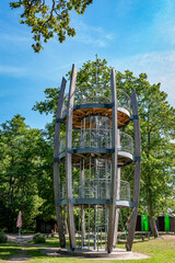Lookout tower or observation tower in the park. Valgeranna observation tower is a 9-meter high with three platforms, located next to beautiful white sandy beaches. Estonia.