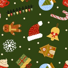 Christmas Elements on Olive Green Seamless Pattern Design