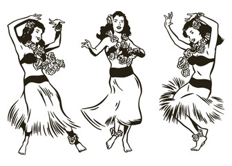 Hawaiian young pretty woman hula dancers - obrazy, fototapety, plakaty