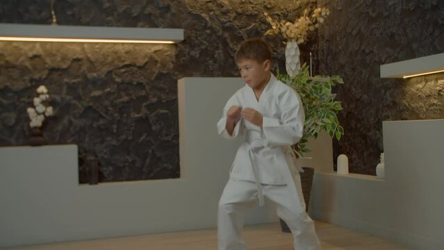 Side view of active determined adorable multiracial young karateka in kimono training tsuki skills, performing and improving karate lunge punch while exercising in domestic room.