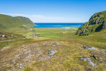 Fototapeta na wymiar hiking mount ryten and kvalvika beach on lofoten islands in norway