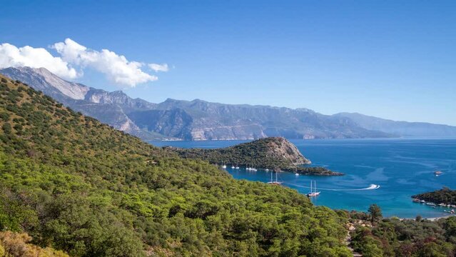 Time lapse of Gemile bay and tourist vessels near Gemiler Island, Turkey