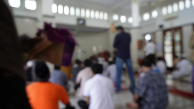 Blurry background islamic men pray in mosque in Friday. gathering in mosque.