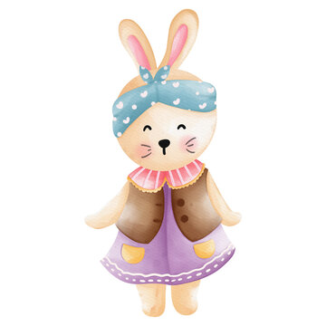 Rabbit character in cute costume, Rabbit Cartoon animal character, Watercolor hand drawn