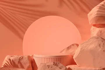 Papier Peint photo Lavable Orange abstract Pink color geometric Stone and Rock shape background, showcase for product 3d render.  