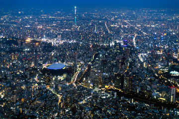 飯田橋駅上空から東京スカイツリー方向の夜景空撮 - obrazy, fototapety, plakaty