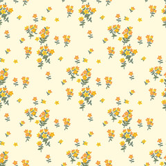 Yellow, orange flowers with a green curly stem and leaves. Seamless summer floral pattern on a light yellow background.