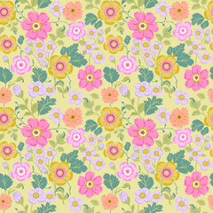 Seamless pattern with delicate pink and yellow and purple flowers on a light yellow background. Romantic floral print, botanical composition with large flower buds, leaves, branches.