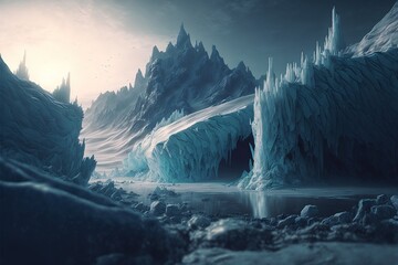 イラスト 雪山 山 自然 湖 氷 森 針葉樹 氷柱 寒冷