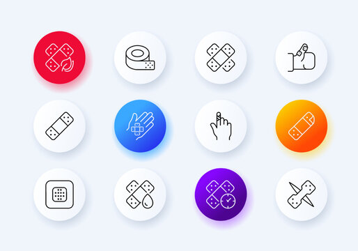 Band aids set icon. Bruise, abrasion, wound, cut, finger, skein of adhesive plaster, time, clock, eco friendly, bandage, leaf. Healthcare concept. Neomorphism style. Vector line icon for Business