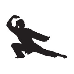 Illustration female karate fighter wearing uniform isolated vector silhouette. On white background.