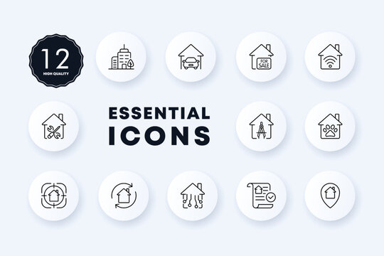 Houses set icon. Building, garage, parking lot, house sale, wifi, repair, repair, construction tools, animals, marketing, realtor, sales contract. Real estate concept. Neomorphism. Vector line icon