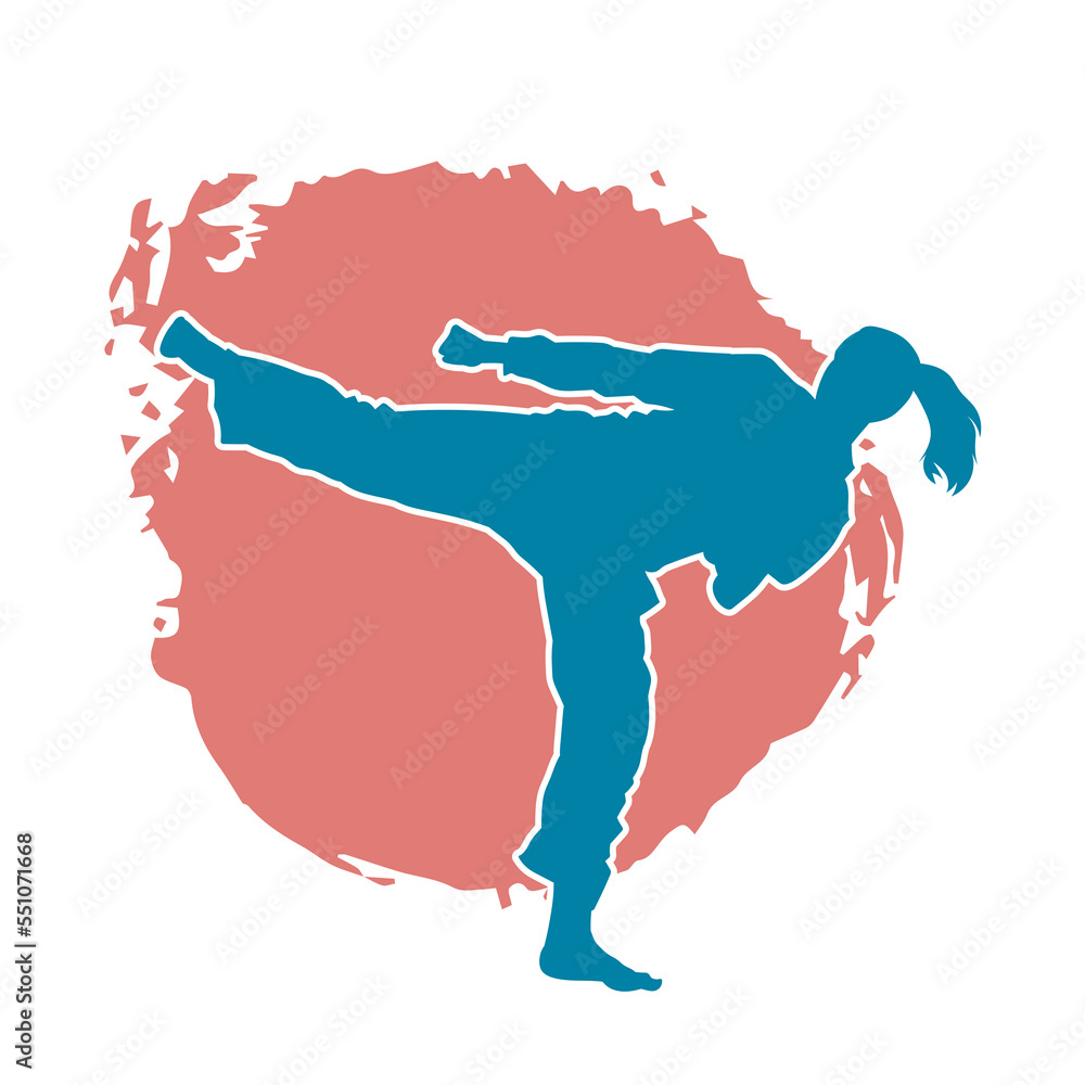 Canvas Prints Karate martial art fighter blue vector silhouette. on red background.